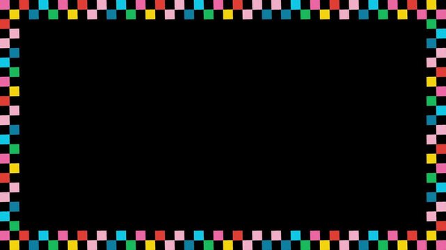 4k footage animation of black background with checker grid checkerboard groovy frame y2k square retro 90s and colorful flower popped on repeat. Geometric retro square vintage y2k style. 