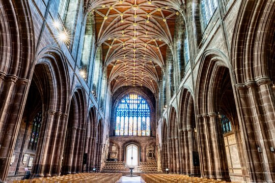 The Chester Cathedral on a weekday before services.  The church is an old, gothic Anglican Church that was built beginning in the 13th century and c