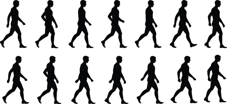 Male walking silhouettes sequence showing step by step motion cycle, side view human figures for animation reference and gait study