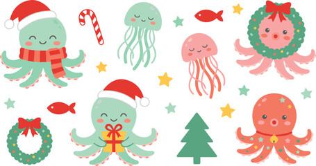 Naklejka premium Set of Cute Christmas-Themed Jellyfish and Octopuses with Santa Hats, Candy Canes, Wreaths, and Holiday Decorations for Festive Greetings.
