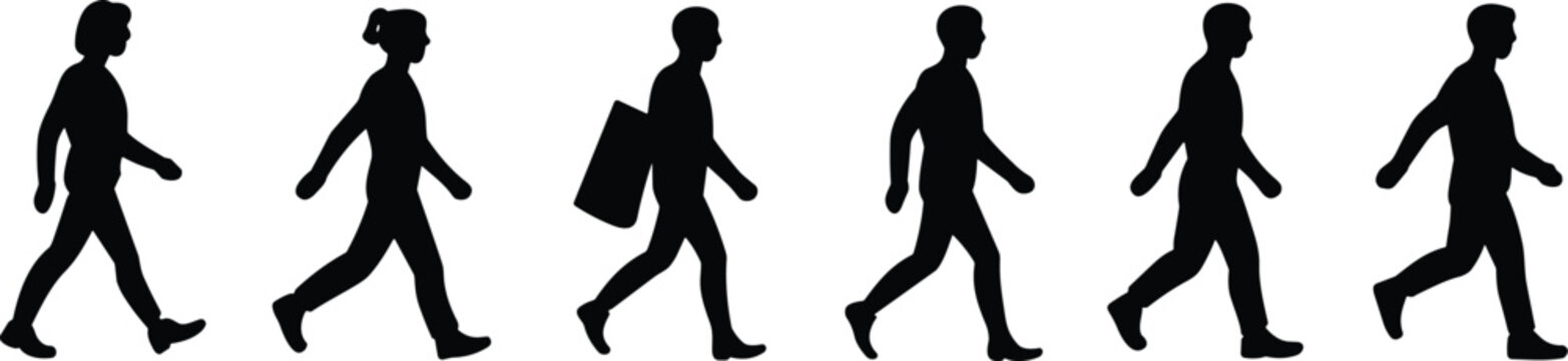 People walking silhouettes set showing side view human figures in motion sequence, diverse characters for animation reference and movement study