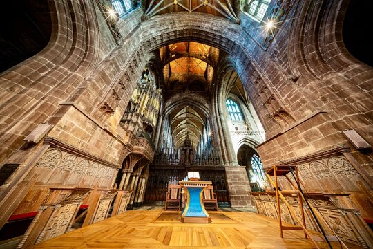 The Chester Cathedral on a weekday before services.  The church is an old, gothic Anglican Church that was built beginning in the 13th century and c