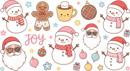 Fototapeta premium Set of Cute Christmas-Themed Illustrations Featuring Snowmen, Santa, Gingerbread, Ornaments, and Holiday Decorations for Joyful Festivities.