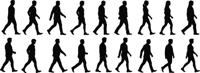 Fototapeta premium Walking people silhouettes collection diverse men and women side view motion sequence isolated on white background