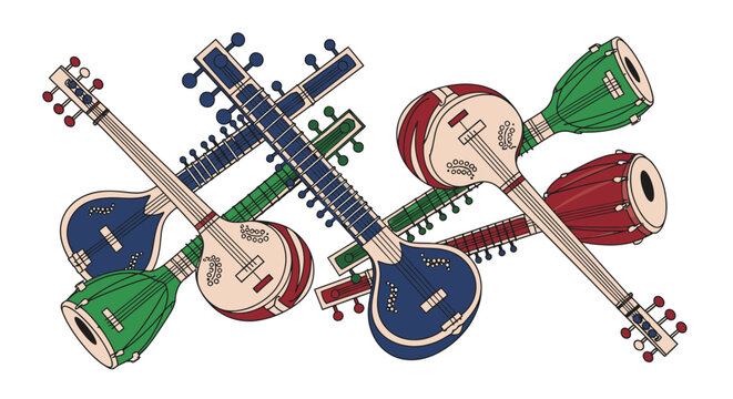 Colorful Indian musical instruments, sitar and tabla, illustration
