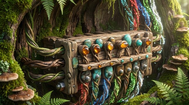 Enchanting fusion of ancient woodland and futuristic energy, where vibrant organic circuits pulsate within a mystical tree, a hidden nexus of nature's power