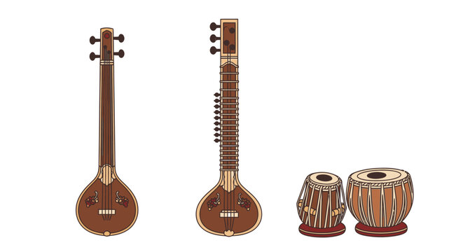 Traditional Indian musical instruments, tabla and tanpura on white background