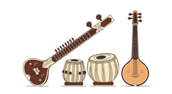 Traditional Indian musical instruments, tabla and tanpura, sitar and veena