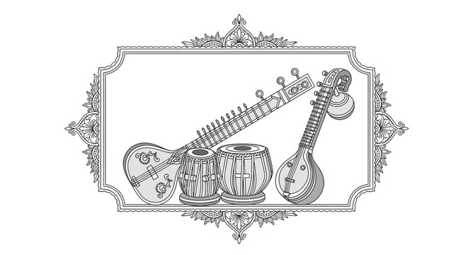 Traditional Indian musical instruments in ornate frame