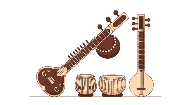 Traditional Indian musical instruments, sitar, tabla and tanpura