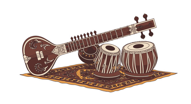 Traditional Indian musical instruments on a mat