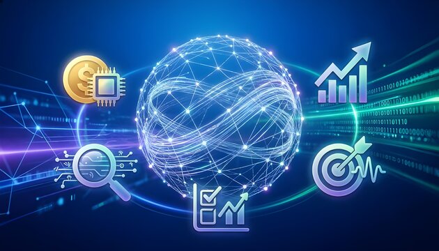 &ldquo;Ilustrasi otak digital AI dengan ikon analitik data, target bisnis, dan grafik pertumbuhan di latar futuristik biru.&rdquo;
