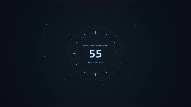 Countdown timer with futuristic digital interface and abstract particles