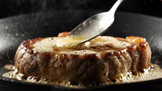 Extreme close-up of steak being basted with melted butter using a spoon on a hot teflon pan