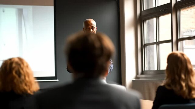 Speaker delivering engaging presentation to attentive audience in bright conference room. Large windows create open atmosphere with natural light