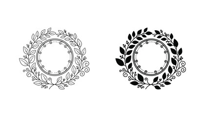 Circular laurel wreath frame with intricate leaf and berry details in outline and solid black vector styles for award certificates and professional branding © Geo