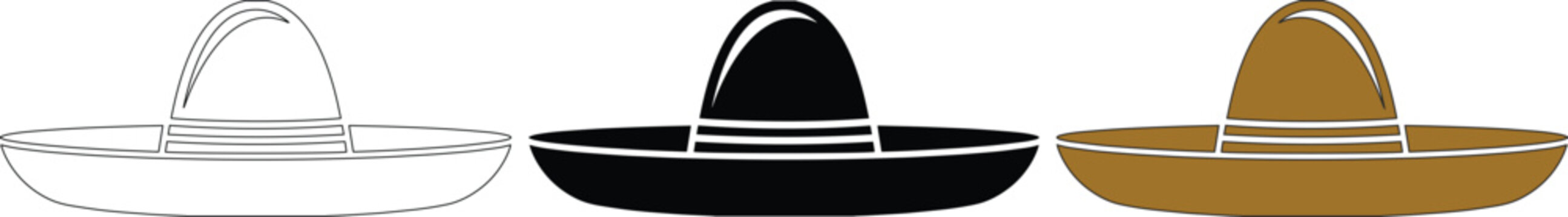 Mexican sombrero hat vector set, traditional wide brim charro hats in black and brown, 3 flat icon elements for Cinco de Mayo and fiesta celebrations