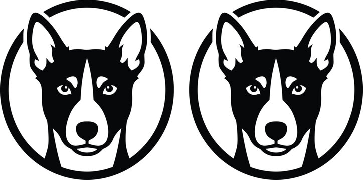Basenji dog head vector illustration, minimalist canine pet portrait in circular frame, black and white animal face logo set for branding