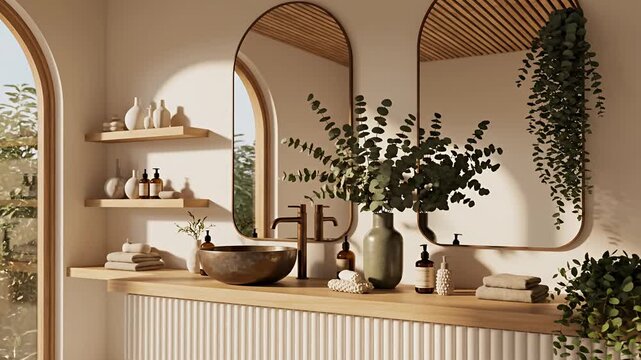Modern organic bathroom interior with wooden vanity and arched mirrors