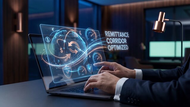Global remittance corridor optimized on laptop with cross border payment dashboard, currency exchange indicators, compliance shields and international fintech transfer analytics