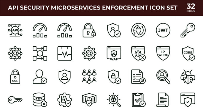 API security microservices enforcement icon set with authentication protection monitoring line vector icons for web apps dashboards UI