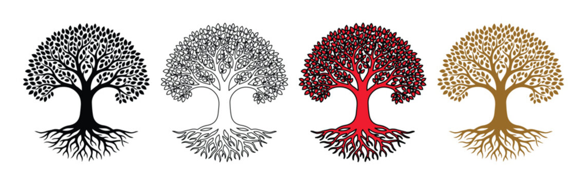 Tree of life vector icons with roots and leaves, circular oak tree silhouettes in black red and gold, set of 4 nature logo symbols for branding