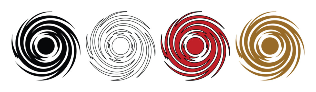 Abstract spiral hurricane icons set, circular vortex swirl symbols in black red and gold, dynamic weather storm vector elements for logo design