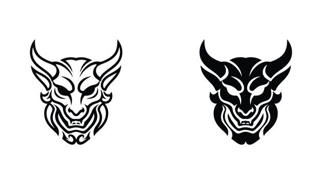 Hannya mask design in outline and solid black silhouette styles for traditional Japanese tattoo art and graphic vector projects