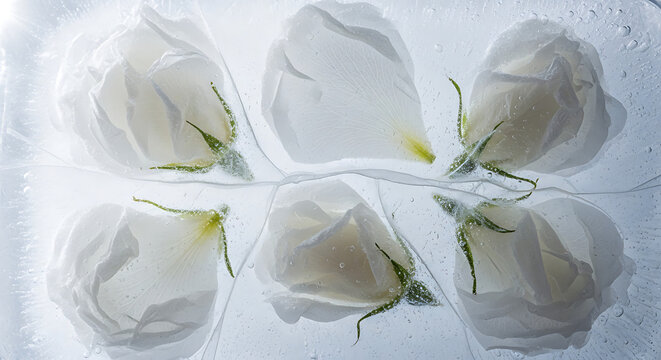 Six white rose buds frozen in clear cracked ice with air bubbles, elegant winter concept