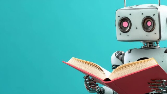A cute white robot is engrossed in reading a book. This represents artificial intelligence and learning concepts.