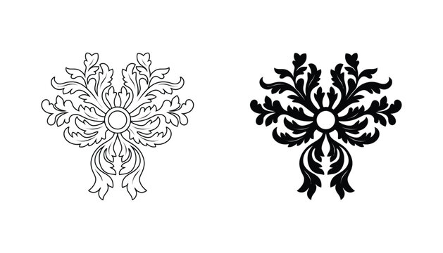 Baroque style ornate scroll flourish in outline and solid black silhouette styles for luxury decorative frame and classic design