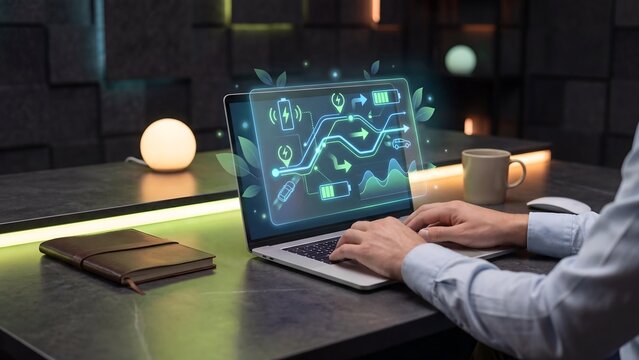 Predictive maintenance dashboard on laptop with market heat zones, demand curve, lease cycle rings and occupancy trend analytics for smart property management strategy teams global worldwide
