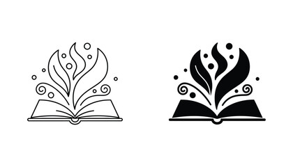 Open magic book with flying leaves and sparkles in outline and solid black icon style for education and fantasy storytelling design © Geo