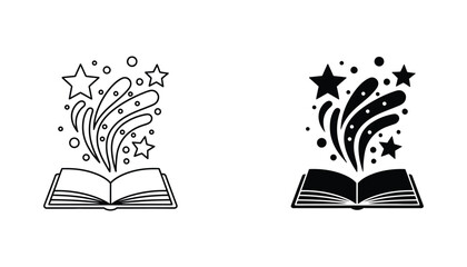 Open book with magic sparkles and stars floating above pages in black and white vector art style perfect for education and fantasy storytelling themes and creative design projects for children © Geo