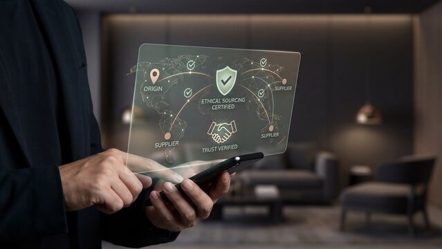 Business user holding smartphone with ethical sourcing certified dashboard, supplier trust verification and global responsible procurement network for sustainable supply chain assurance