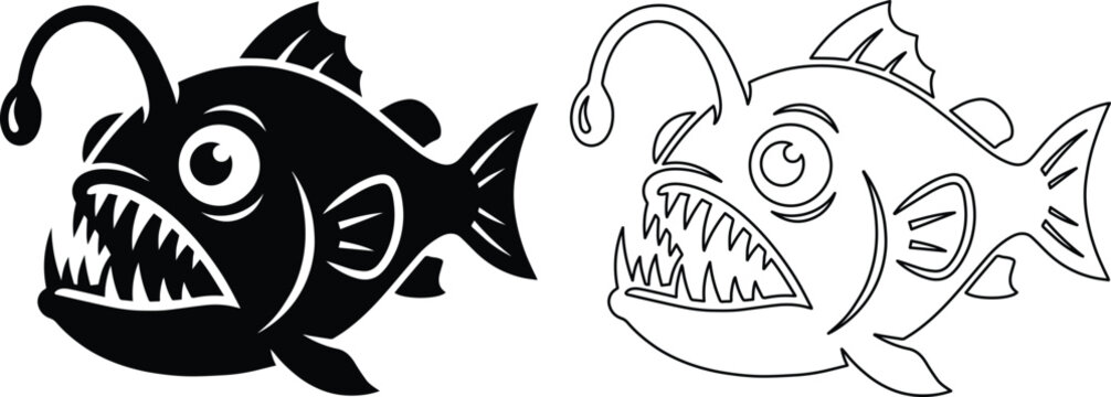 Anglerfish vector illustration set, deep sea predator with sharp teeth and bioluminescent lure, black silhouette and outline icons for marine design