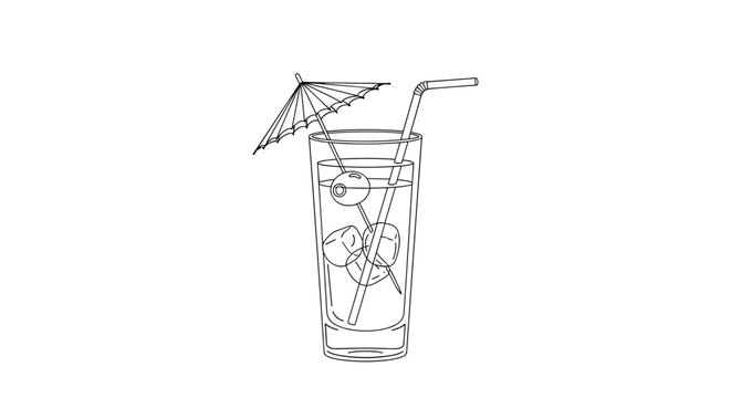 Tall cocktail glass filled with a refreshing drink featuring ice cubes, an olive garnish, a bendy straw, and a decorative umbrella.