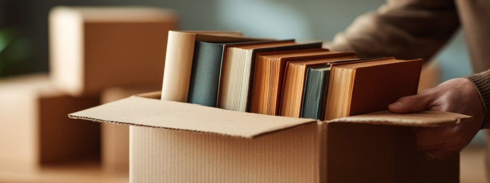 Moving Day Scene with Books Being Placed into a Cardboard Box for Relocation and Organization