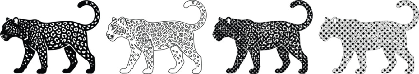 Stylized leopard vector set, black and white wild cat silhouettes with decorative patterns, 4 exotic panther animal icons for textile design © Ahmad
