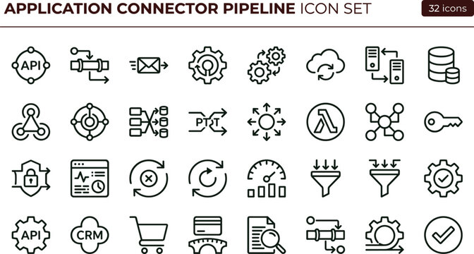 Application connector pipeline icon set with API integration workflow data routing line vector icons for web apps dashboards UI