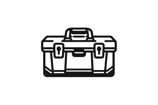 Black line icon of a closed toolbox with two keyhole locks on the front, handle on top, on white background