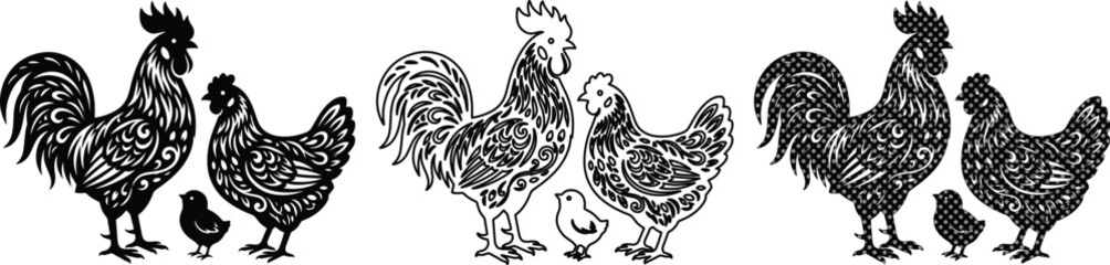 Vintage rooster and hen family vector set, ornate folk art chicken silhouettes with floral patterns, rustic farm animal illustrations for logo design © Ahmad