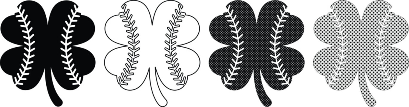 St. Patrick's Day baseball shamrock vector set, lucky four leaf clover with baseball stitches, sports themed clover icons for t-shirt design