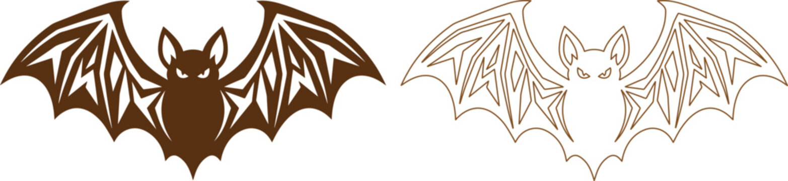 Stylized bat vector silhouettes with spread wings, brown flying bat icons for Halloween decor, set of 2 bat illustrations in solid and outline style