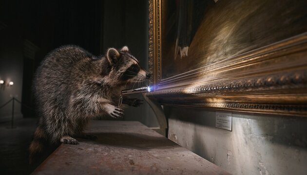 Realistic Raccoon Holding a Tiny Flashlight in its Mouth Inspecting a Framed Classical Oil Painting in a Dark Dusty Museum, Funny Heist 