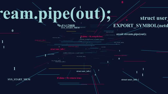 Computer Programming Code Snippets and Binary Data Floating in Dark Virtual Space for Cybersecurity and Software Development Background