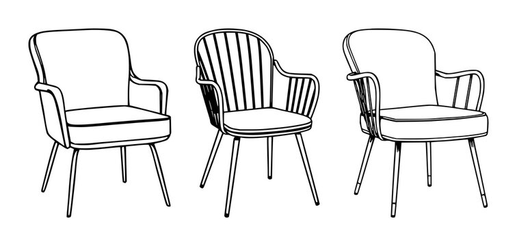 Retro chair set with black line art in minimal style, white background featuring retro, chair, line art with minimalist and illustration