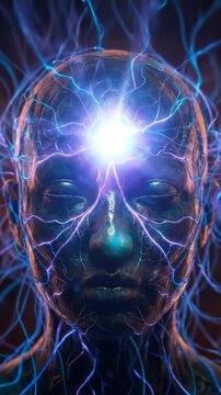 Abstract Human Head With Glowing Neural Network And Bright Energy Light. Suitable For Science, Technology, Meditation, Ai, Brain Research, And Digital Art.