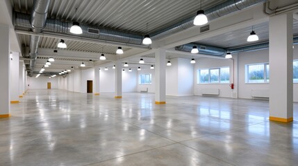 Obraz premium Spacious empty industrial warehouse interior with polished concrete floor and bright lighting