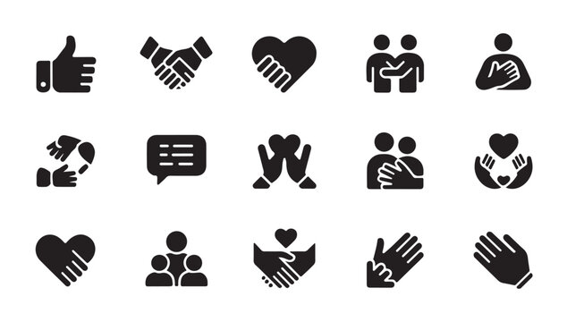 Social unity icons collection with handshake heart gesture empathy human connections hands.